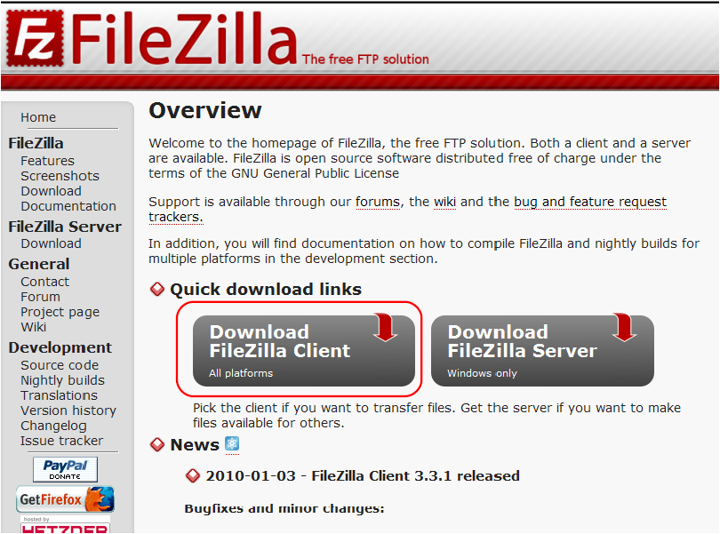 「FileZilla」（ファイルジラ）の公式ページ
